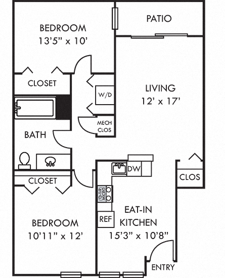 Floor plan for 2 beds, 1 bath, 924 sqft